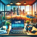 a laptop with an overlay text "Lane Landing" in a podcast studio