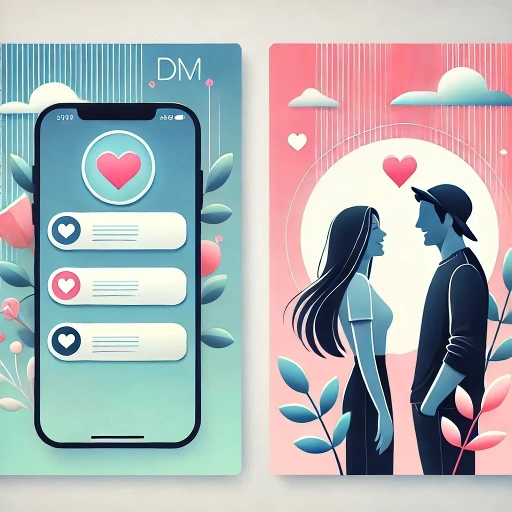 social media on a phone screen on the left side and a couple on the right; an illustration of connection between social media and dating
