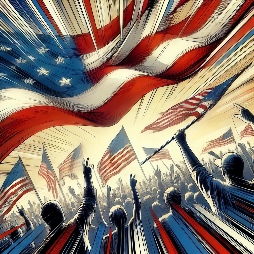 an illustration of the USA flag flying and a mass of people holding small flegs - an illustration for the Lane Landing blog about influence of podcasts and social media on a modern politics