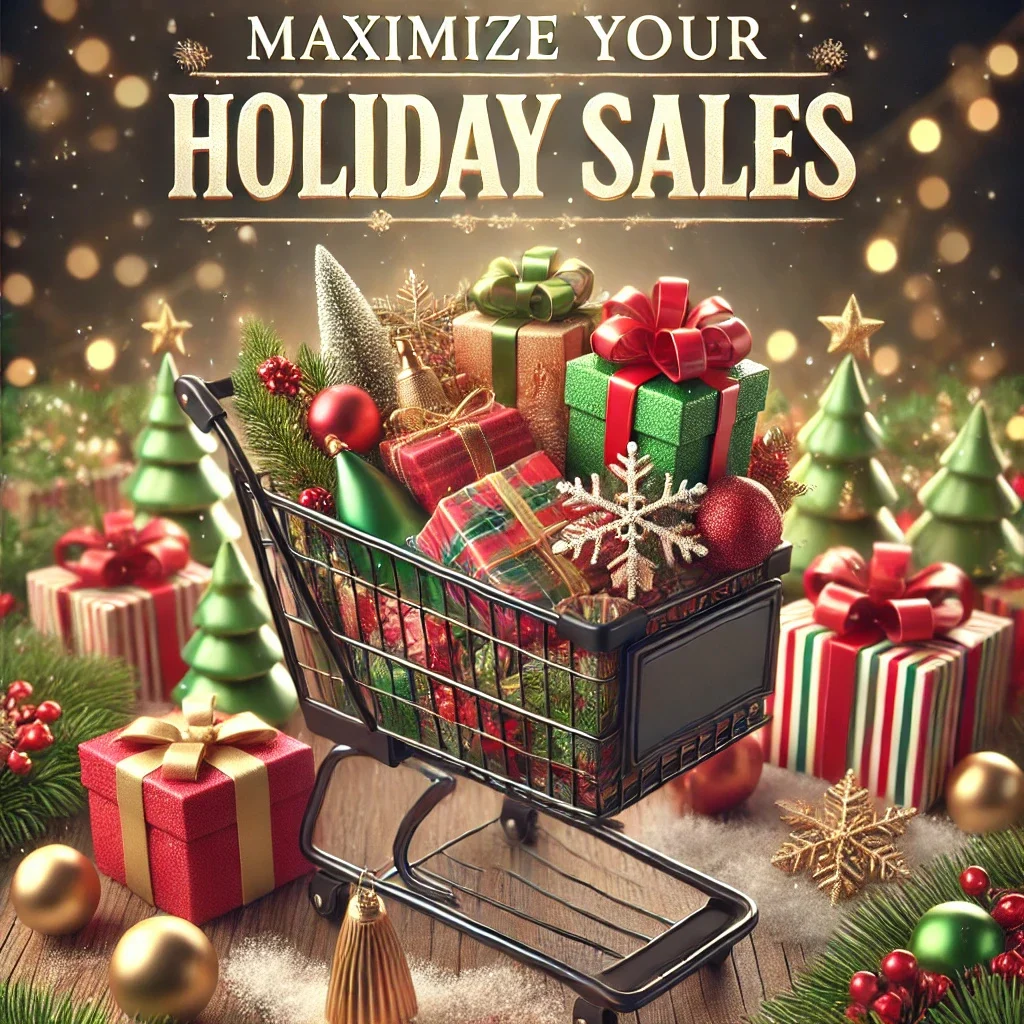 a cart full of holiday gifts and overlay text "Maximize Your Holiday Sales" - an illustration for the blog post about the importance of marketing during holidays